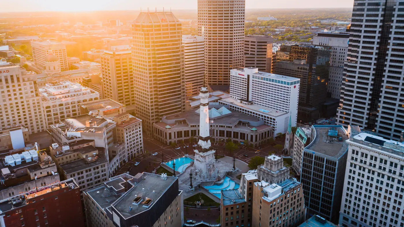 Aerial view of downtown Indianapolis and Monument Circle